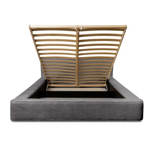 Lit coffre VELORA – Gris cendré bouclé – 160x200 cm – Tissu velours doux – Sommier relevable – Rangement intégré