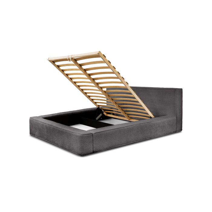 Lit coffre VELORA – Gris cendré bouclé – 160x200 cm – Tissu velours doux – Sommier relevable – Rangement intégré