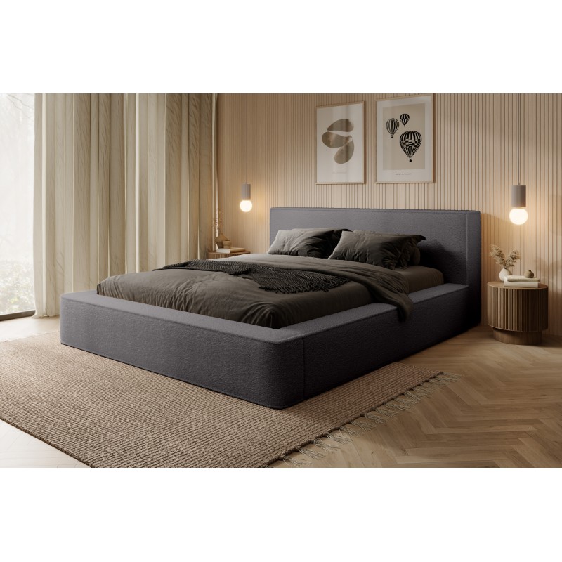Lit coffre VELORA – Gris cendré bouclé – 160x200 cm – Tissu velours doux – Sommier relevable – Rangement intégré