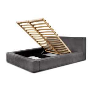 Lit coffre VELORA – Gris cendré bouclé – 140x200 cm – Tissu velours doux – Sommier relevable – Rangement intégré