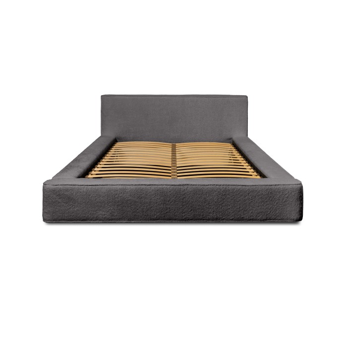 Lit coffre VELORA – Gris cendré bouclé – 140x200 cm – Tissu velours doux – Sommier relevable – Rangement intégré