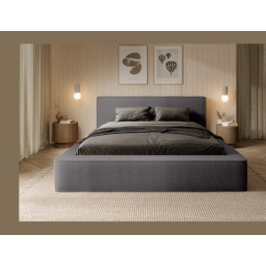 Lit coffre VELORA – Gris cendré bouclé – 140x200 cm – Tissu velours doux – Sommier relevable – Rangement intégré