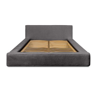 Lit coffre VELORA – Gris cendré bouclé – 180x200 cm – Tissu velours doux – Sommier relevable – Rangement intégré