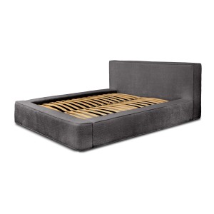Lit coffre VELORA – Gris cendré bouclé – 180x200 cm – Tissu velours doux – Sommier relevable – Rangement intégré