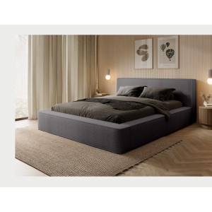 Lit coffre VELORA – Gris cendré bouclé – 180x200 cm – Tissu velours doux – Sommier relevable – Rangement intégré
