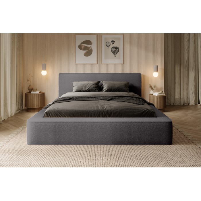 Lit coffre VELORA – Gris cendré bouclé – 180x200 cm – Tissu velours doux – Sommier relevable – Rangement intégré