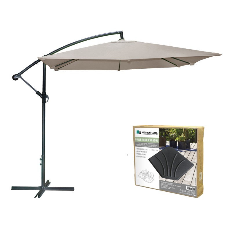 Pack parasol déporté taupe + dalle béton – Élégance, ombre XXL et stabilité assurée