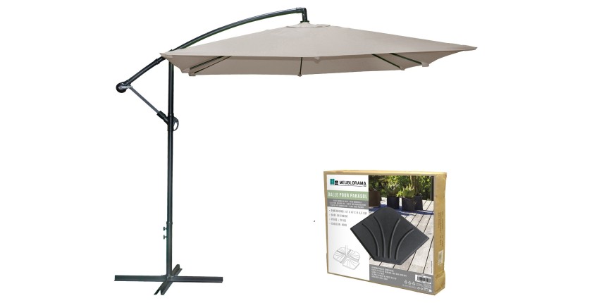 Pack parasol déporté taupe + dalle béton – Élégance, ombre XXL et stabilité assurée