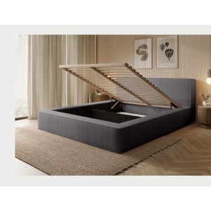 Lit coffre VELORA – Gris cendré bouclé – 180x200 cm – Tissu velours doux – Sommier relevable – Rangement intégré