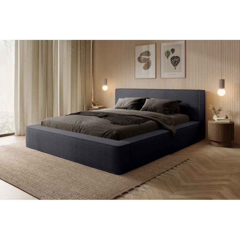 Lit coffre VELORA – Anthracite profond bouclé – 180x200 cm – Tissu velours doux – Sommier relevable – Rangement intégré