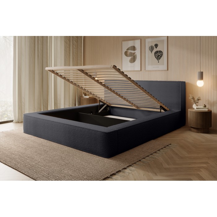 Lit coffre VELORA – Anthracite profond bouclé – 160x200 cm – Tissu velours doux – Sommier relevable – Rangement intégré