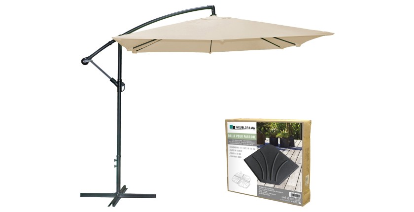 Pack parasol déporté beige + dalle béton – Élégance, ombre XXL et stabilité assurée