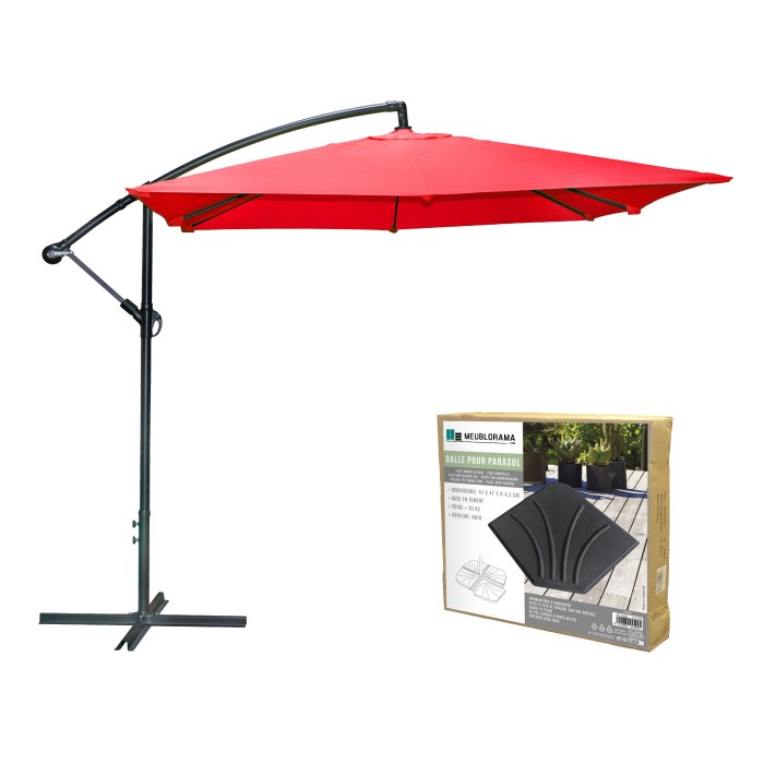 Pack parasol déporté rouge + dalle béton – Élégance, ombre XXL et stabilité assurée