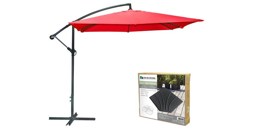 Pack parasol déporté rouge + dalle béton – Élégance, ombre XXL et stabilité assurée