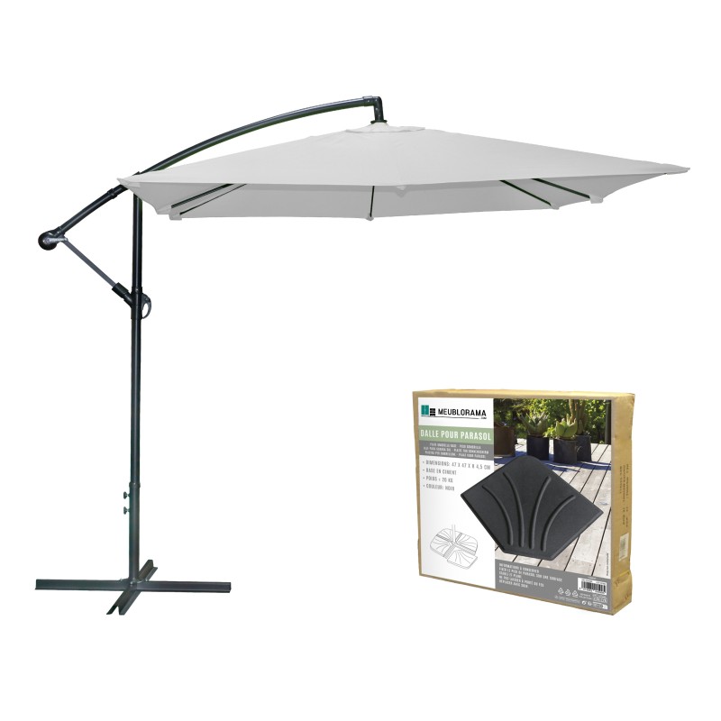 Pack parasol déporté gris clair + dalle béton – Élégance, ombre XXL et stabilité assurée