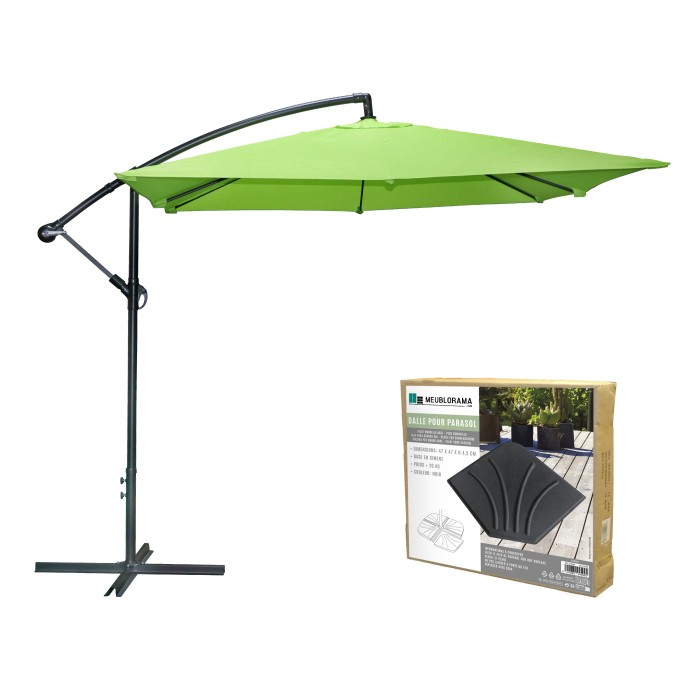Pack parasol déporté vert pomme + dalle béton – Élégance, ombre XXL et stabilité assurée