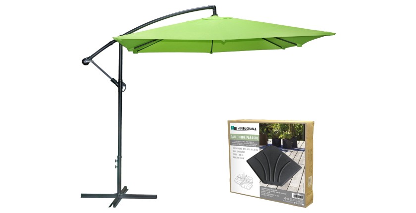 Pack parasol déporté vert pomme + dalle béton – Élégance, ombre XXL et stabilité assurée