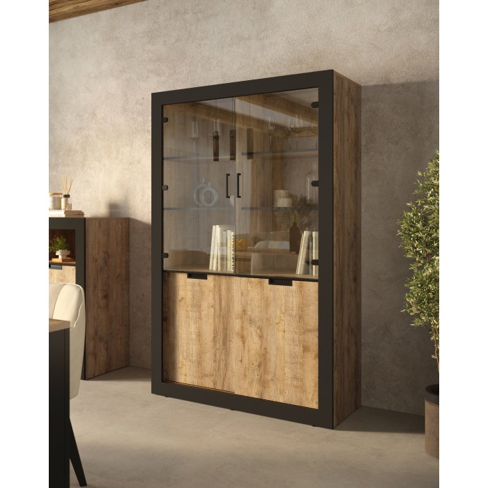 Vitrine design collection MEUNIER coloris Chêne samdal et noir mat – 4 portes