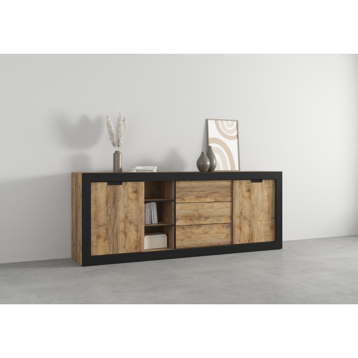 Buffet MEUNIER – 2 portes coulissantes & 3 tiroirs – Chêne Samdal & Noir Mat – 220×85×45 cm