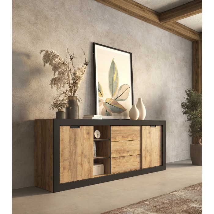 Buffet MEUNIER – 2 portes coulissantes & 3 tiroirs – Chêne Samdal & Noir Mat – 220×85×45 cm