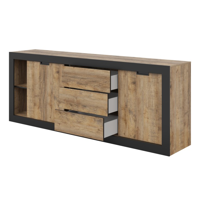 Buffet MEUNIER – 2 portes coulissantes & 3 tiroirs – Chêne Samdal & Noir Mat – 220×85×45 cm