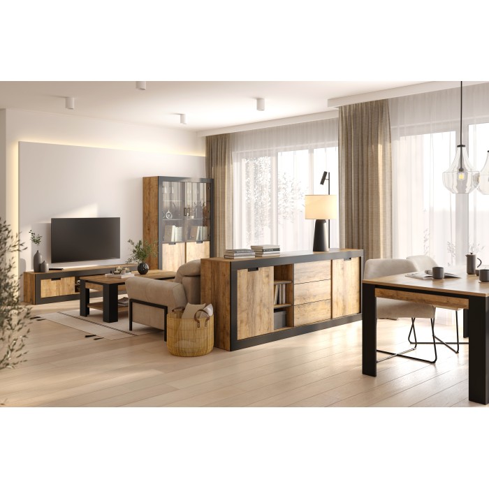 Buffet MEUNIER – 2 portes coulissantes & 3 tiroirs – Chêne Samdal & Noir Mat – 220×85×45 cm