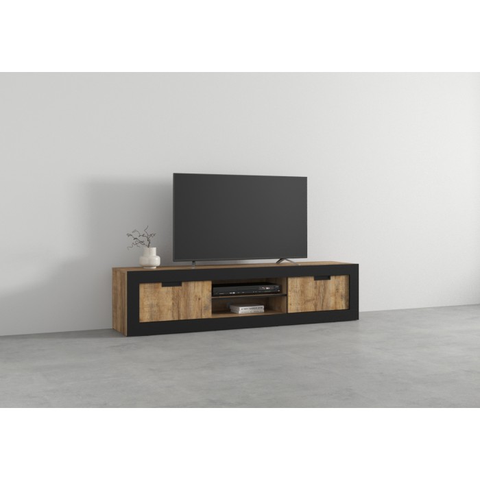 Meuble TV MEUNIER – 2 portes & 5 niches – Chêne Samdal & Noir Mat – 180×42×40 cm
