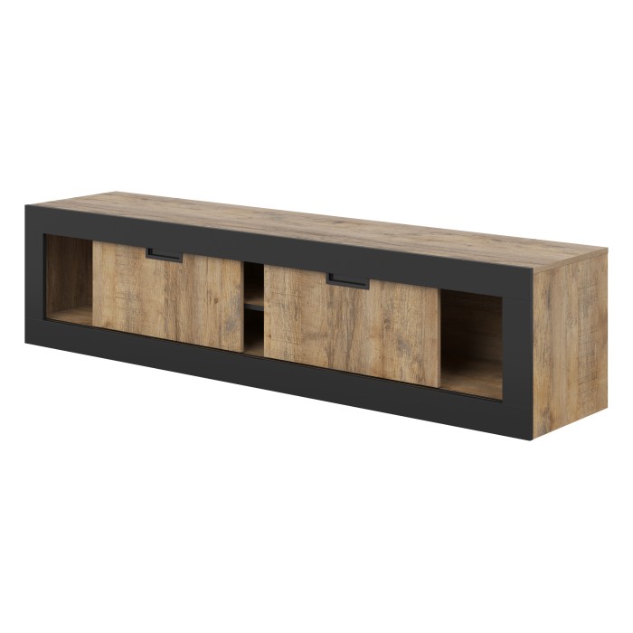 Meuble TV MEUNIER – 2 portes & 5 niches – Chêne Samdal & Noir Mat – 180×42×40 cm