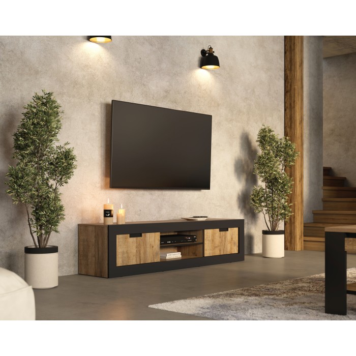 Meuble TV MEUNIER – 2 portes & 5 niches – Chêne Samdal & Noir Mat – 180×42×40 cm