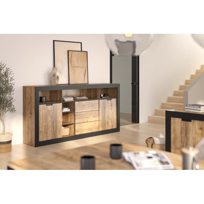 Buffet Haut XL MEUNIER – 2 portes coulissantes, 3 tiroirs & 6 niches – Chêne Samdal & Noir Mat
