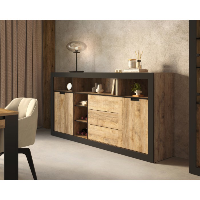 Buffet Haut XL MEUNIER – 2 portes coulissantes, 3 tiroirs & 6 niches – Chêne Samdal & Noir Mat