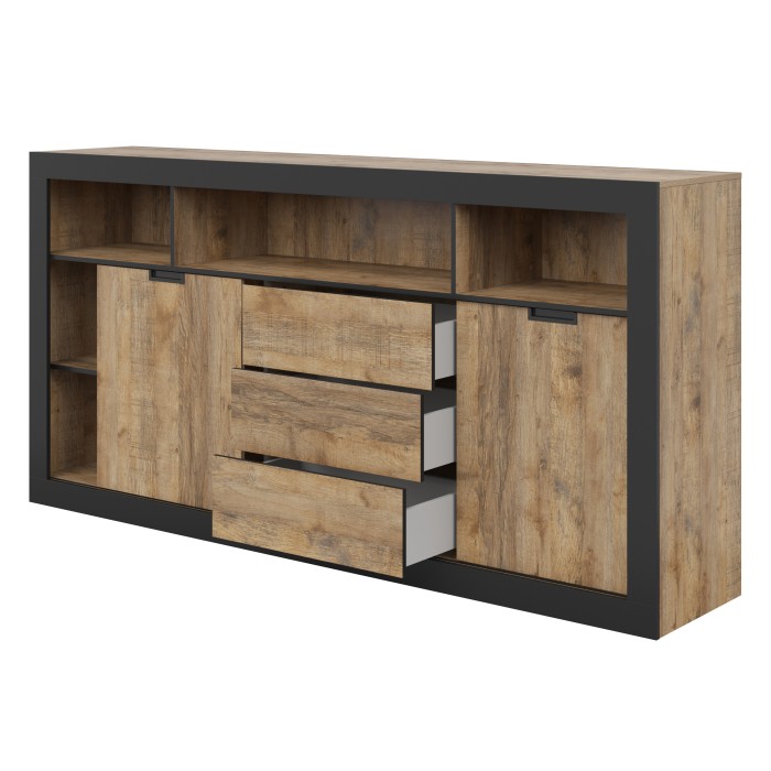 Buffet Haut XL MEUNIER – 2 portes coulissantes, 3 tiroirs & 6 niches – Chêne Samdal & Noir Mat