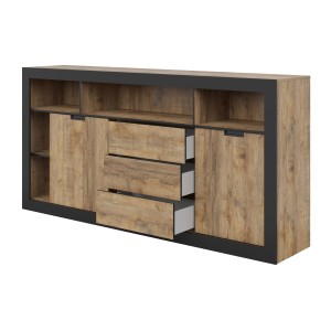 Buffet Haut XL MEUNIER – 2 portes coulissantes, 3 tiroirs & 6 niches – Chêne Samdal & Noir Mat