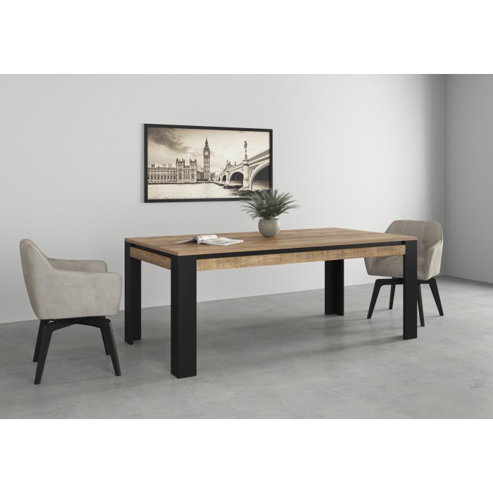 Table de salle à manger 8 personnes MEUNIER – Chêne & noir Mat, 195×77×100 cm