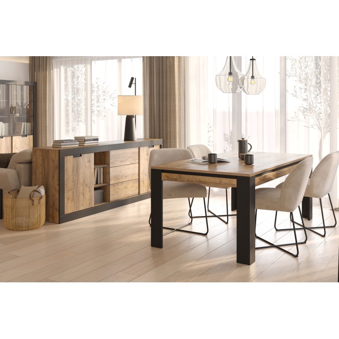 Table de salle à manger 8 personnes MEUNIER – Chêne & noir Mat, 195×77×100 cm