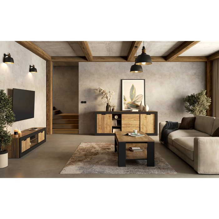 Pack Salon Loft MEUNIER – Meuble TV, buffet & table basse en Chêne Samdal & Noir Mat