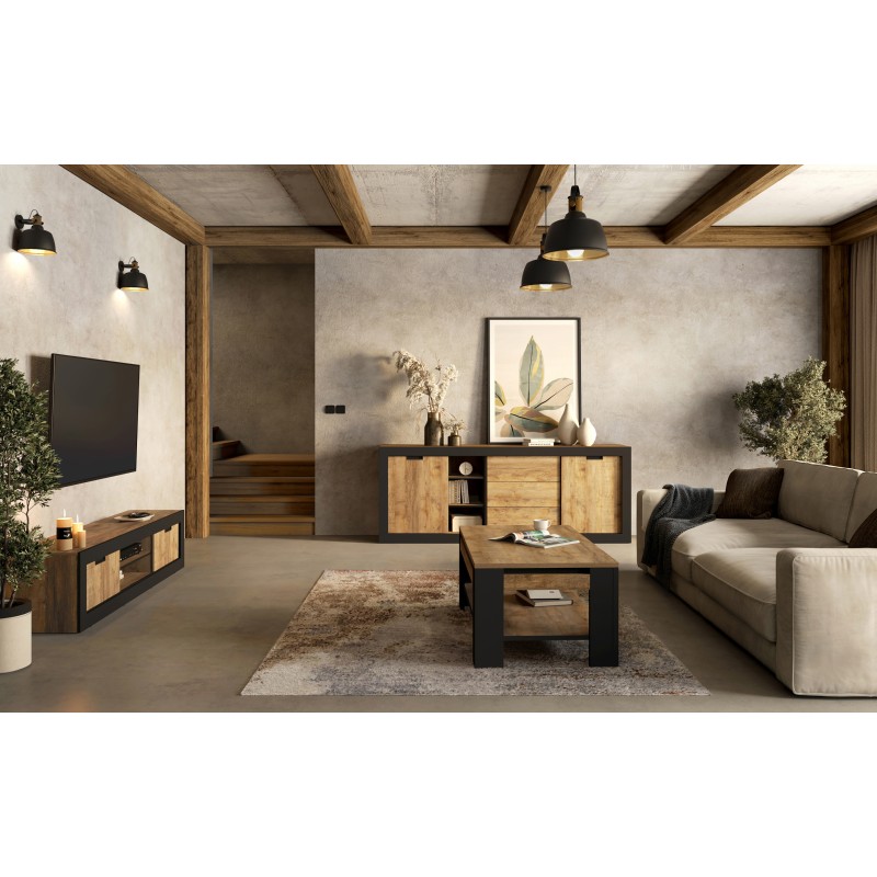 Pack Salon Loft MEUNIER – Meuble TV, buffet & table basse en Chêne Samdal & Noir Mat