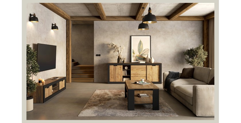 Pack Salon Loft MEUNIER – Meuble TV, buffet & table basse en Chêne Samdal & Noir Mat