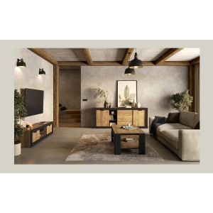 Pack Salon Loft MEUNIER – Meuble TV, buffet & table basse en Chêne Samdal & Noir Mat
