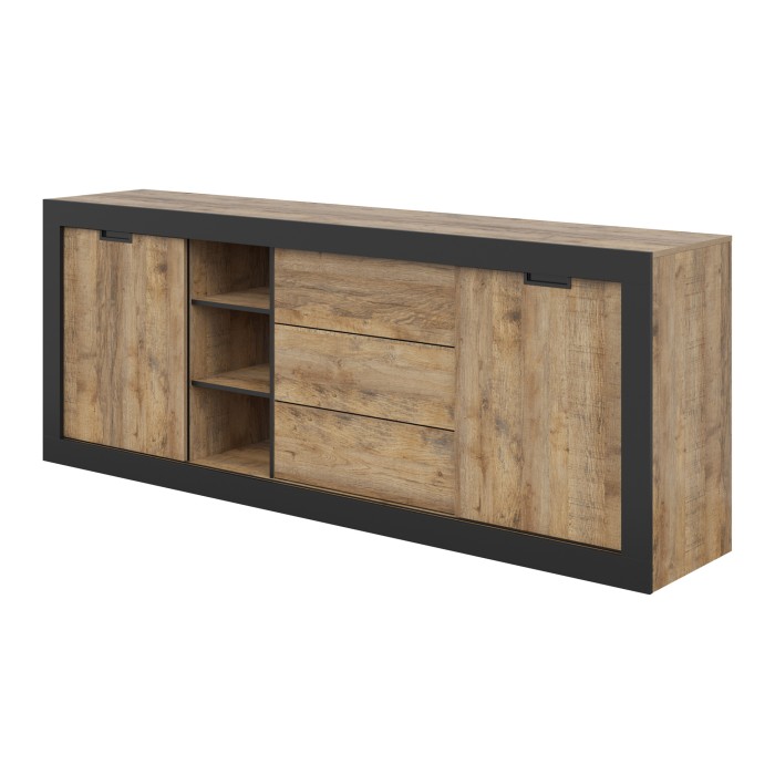 Pack Salon Loft MEUNIER – Meuble TV, buffet & table basse en Chêne Samdal & Noir Mat