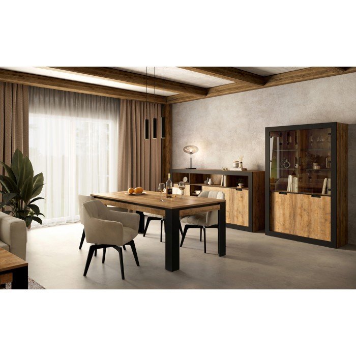 Pack salle à manger MEUNIER – Vitrine, buffet haut & table 8 pers. Chêne Samdal & noir mat