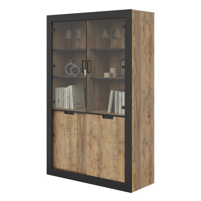 Pack salle à manger MEUNIER – Vitrine, buffet haut & table 8 pers. Chêne Samdal & noir mat