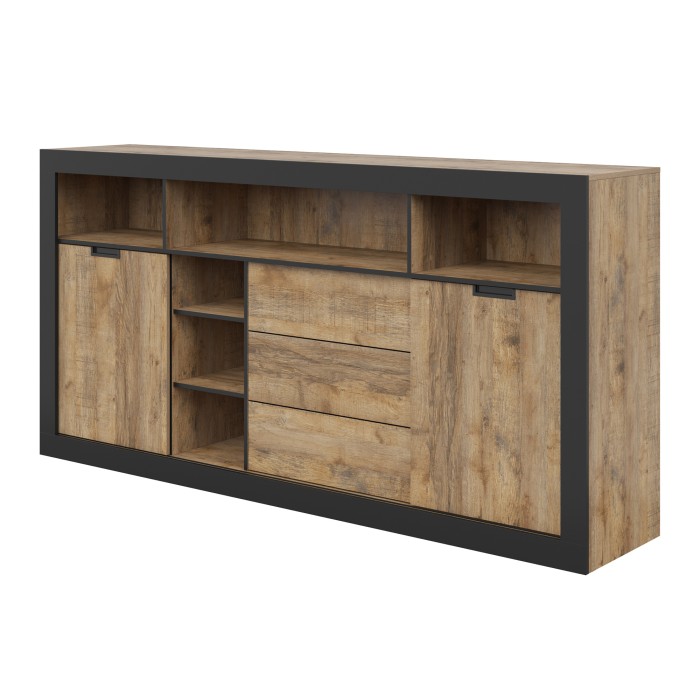 Pack salle à manger MEUNIER – Vitrine, buffet haut & table 8 pers. Chêne Samdal & noir mat