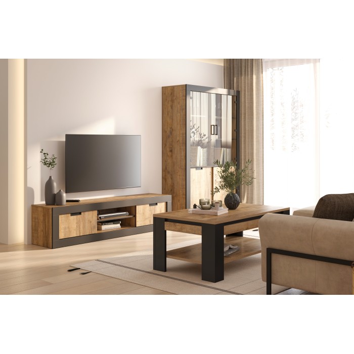 Pack salon complet MEUNIER – Meuble TV, vitrine & table basse en chêne Samdal & noir mat