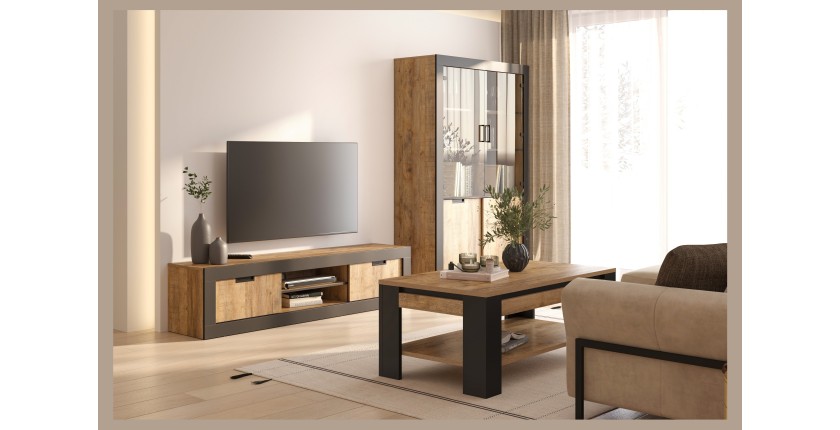 Pack salon complet MEUNIER – Meuble TV, vitrine & table basse en chêne Samdal & noir mat