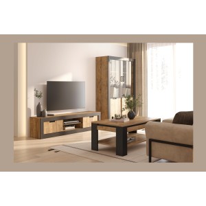 Pack salon complet MEUNIER – Meuble TV, vitrine & table basse en chêne Samdal & noir mat