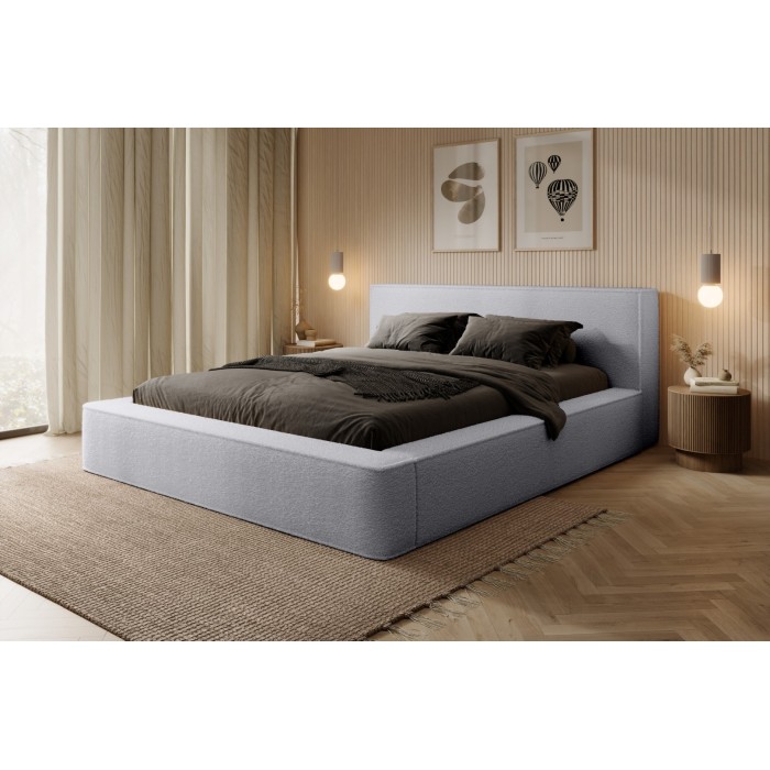 Lit coffre DENALI – Gris perle bouclé – 140x200 cm – Tissu velours doux – Sommier relevable – Rangement intégré