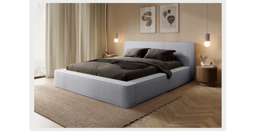 Lit coffre DENALI – Gris perle bouclé – 140x200 cm – Tissu velours doux – Sommier relevable – Rangement intégré