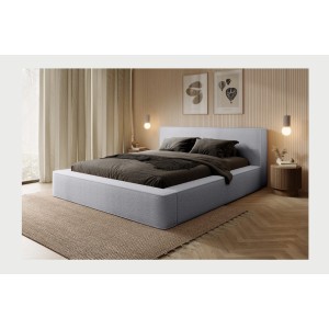 Lit coffre DENALI – Gris perle bouclé – 140x200 cm – Tissu velours doux – Sommier relevable – Rangement intégré