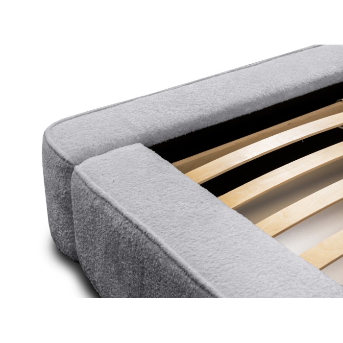 Lit coffre DENALI – Gris perle bouclé – 140x200 cm – Tissu velours doux – Sommier relevable – Rangement intégré 